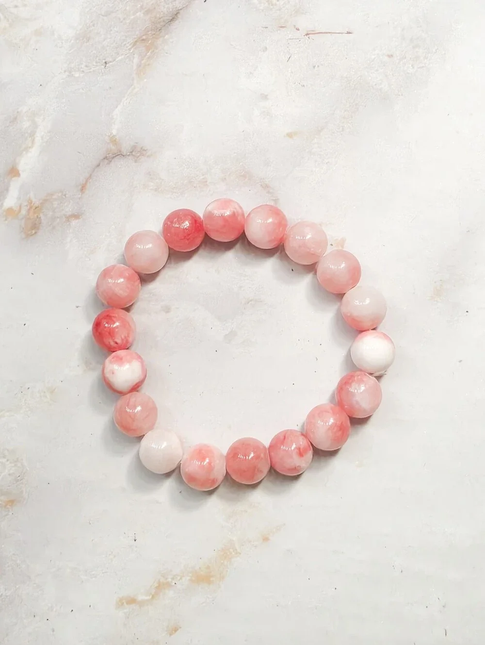 Natural Pink & White Marbled Stone Bead Bracelet High Shine Stretch Bracelet